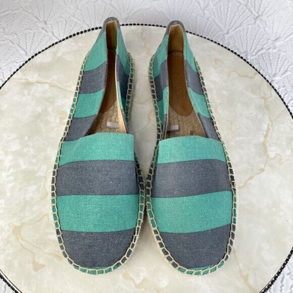 J. Crew Flats Women 8 Navy Green Kely Stripe Canvas Slip On Nautical Espadrilles - Picture 4 of 14